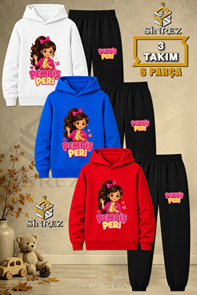 SİNREZ Children's Unisex 3Lu Pembis Peri Half Hand Shake Printed Hooded Track...