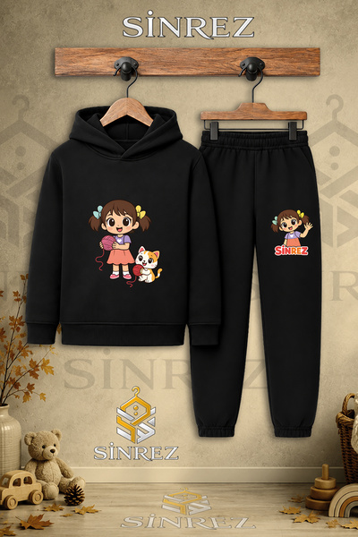 SİNREZ Children's Unisex Single Girl Cat Rope Yumagi Printed Hooded Tracksuit...