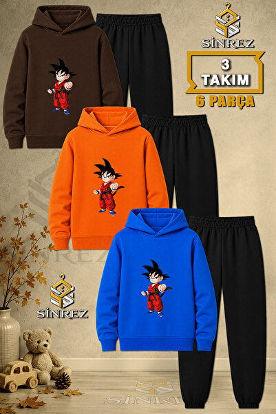 SİNREZ Children's Unisex 3Lu Goku Standing Fist Printed Hooded Tracksuit Set
