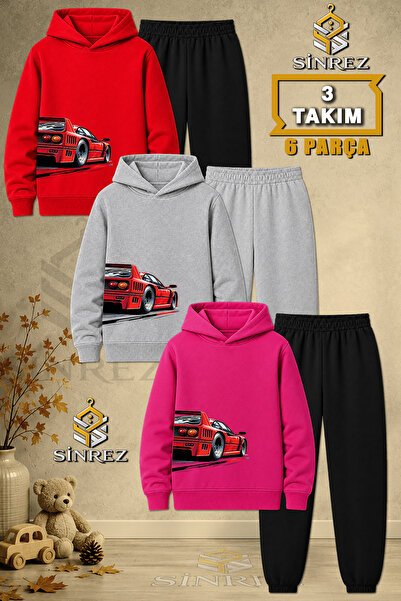 SİNREZ Children's Unisex 3Lu Car Red Printed Hooded Tracksuit Set on the Righ...