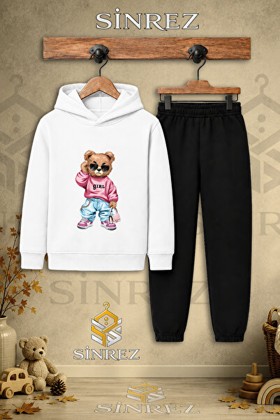 SİNREZ Children's Unisex Single Teddy Bear Pink Sweatshirt Girl Printed Hoode...