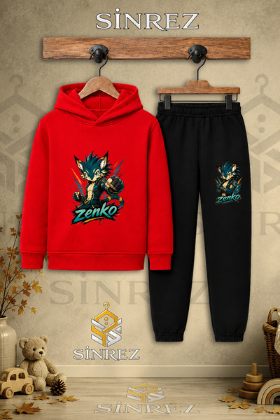 SİNREZ Children's Unisex Single Zenko Half Fist Printed Hooded Tracksuit Set