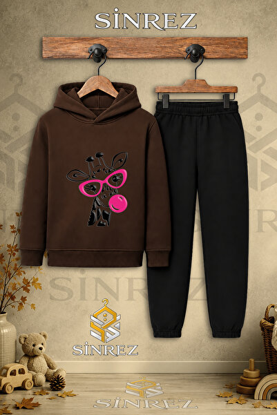 SİNREZ Children's Unisex Single Giraffe Printed Hooded Tracksuit Set with Gla...