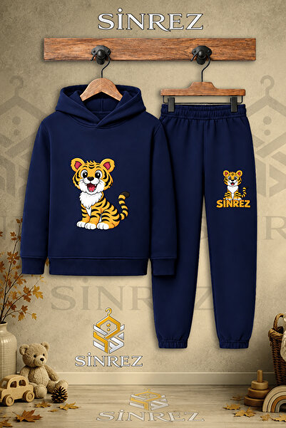 SİNREZ Children's Unisex Single Tiger Sitting Printed Hooded Tracksuit Set