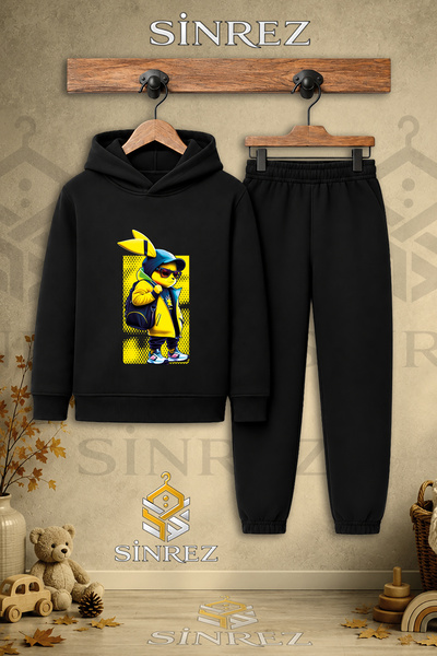 SİNREZ Children's Unisex Single Tavsan Sari Cantali Printed Hooded Tracksuit Set