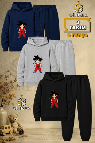 SİNREZ Children's Unisex 3Lu Goku Duz Standing Single Printed Hooded Tracksui...