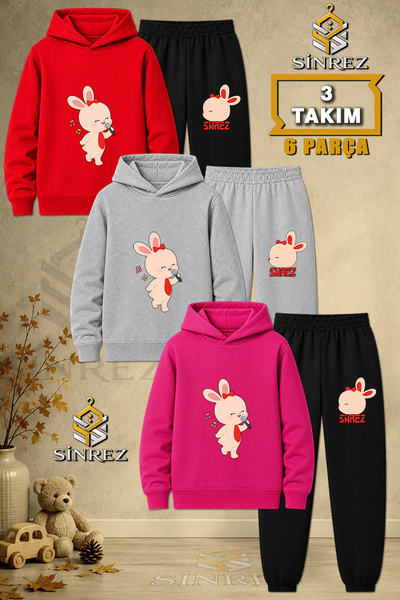 SİNREZ Children's Unisex 3Lu Tavsan Printed Hooded Tracksuit Set with Microphone
