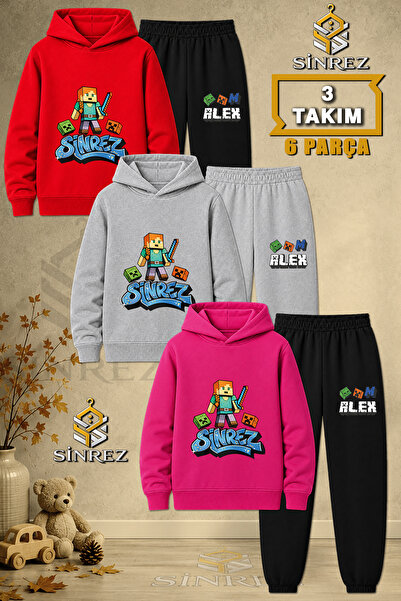 SİNREZ Children's Unisex 3Lu Girls' Aleksa Printed Hooded Tracksuit Set