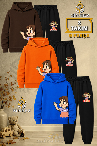SİNREZ Children's Unisex 3Lu Girls' Left Side Printed Hooded Tracksuit Set