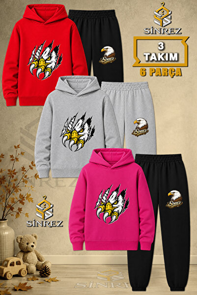 SİNREZ Children's Unisex 3Lu Eagle Printed Hooded Tracksuit Set