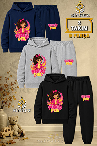 SİNREZ Children's Unisex 3Lu Pembis Peri Yarim Painter Printed Hooded Tracksu...