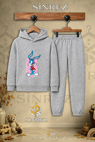 SİNREZ Children's Unisex Single Tavsan Boys Pink Canvas Printed Hooded Tracks...
