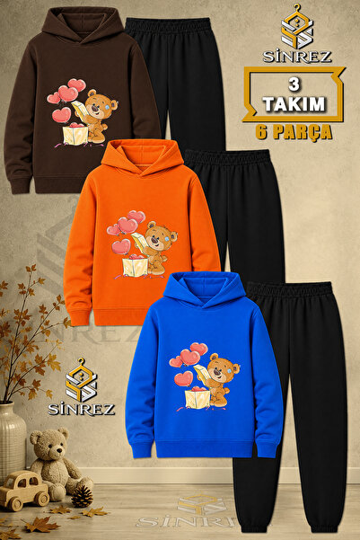 SİNREZ Children's Unisex 3Lu Bear in a Box Heart Printed Hooded Tracksuit Set