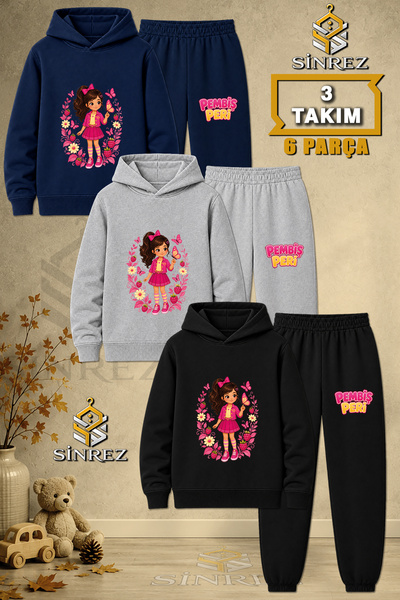 SİNREZ Children's Unisex 3Lu Pink Fairy Spiral Printed Hooded Tracksuit Set