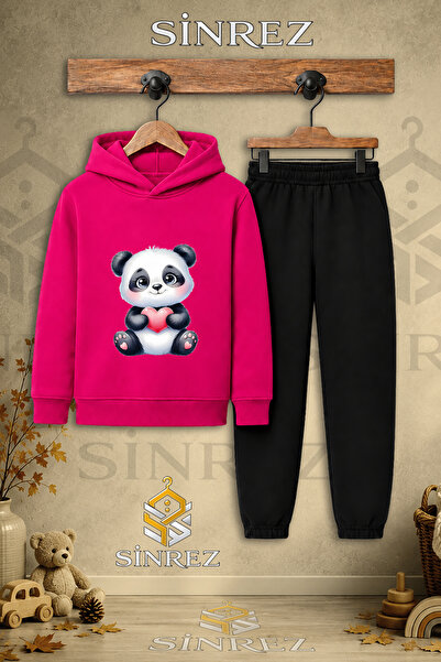 SİNREZ Children's Unisex Single Panda Pink Heart Printed Hooded Tracksuit Set