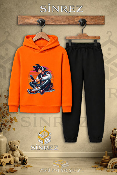 SİNREZ Children's Unisex Single Goku Sitting Printed Hooded Tracksuit Set wit...