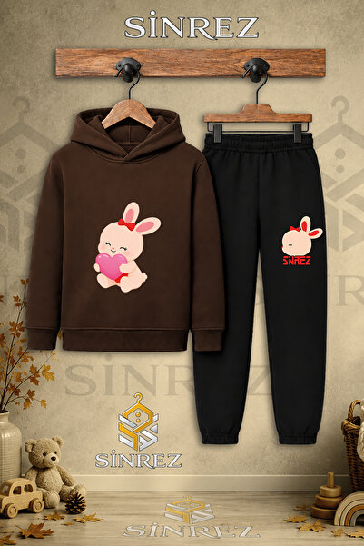 SİNREZ Children's Unisex Single Rabbit in the Lap Pink Heart Printed Hooded T...