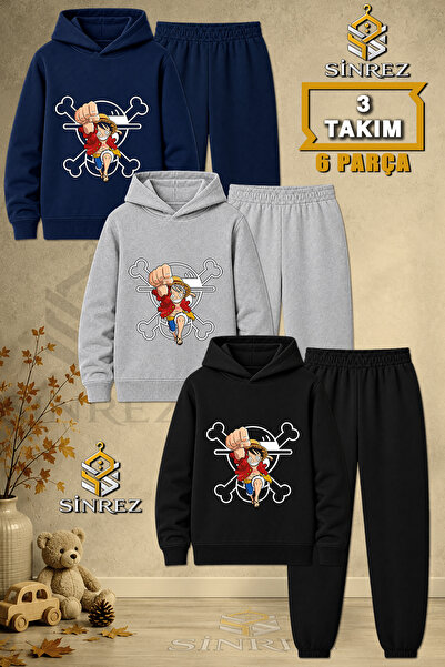 SİNREZ Children's Unisex 3Lu Samanadam Carpi Printed Hooded Tracksuit Set