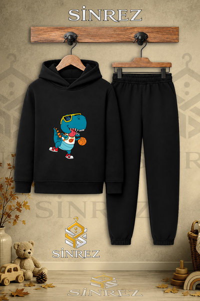 SİNREZ Children's Unisex Single Dino Basketball Printed Hooded Tracksuit Set