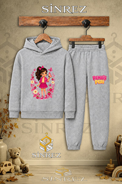 SİNREZ Children's Unisex Single-Piece Pink Fairy Snake Printed Hooded Tracksu...