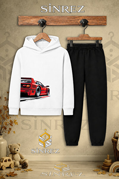 SİNREZ Children's Unisex Single Car Red Hooded Tracksuit Set with Printed Des...