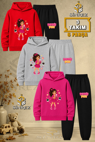 SİNREZ Children's Unisex 3Lu Pembis Peri Photographer Printed Hooded Tracksui...