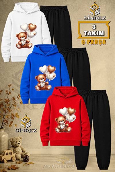 SİNREZ Children's Unisex 3Lu Teddy Bear Heart Balloons Printed Hooded Tracksu...