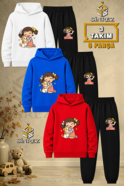 SİNREZ Children's Unisex 3Lu Girl's Dog Hugging Printed Hooded Tracksuit Set
