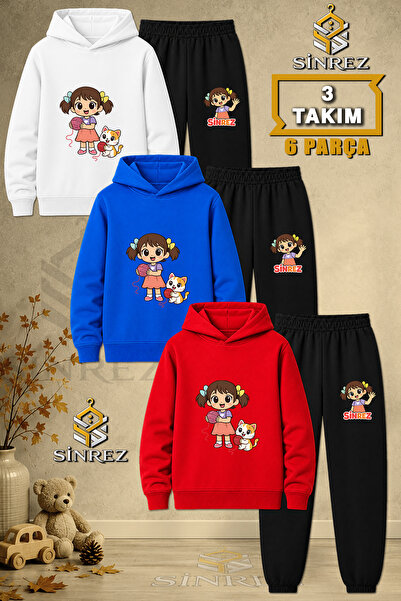 SİNREZ Children's Unisex 3Lu Girl Cat Rope Yumagi Printed Hooded Tracksuit Set