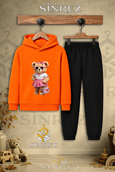 SİNREZ Children's Unisex Single Teddy Bear Pink Printed Hooded Tracksuit Set