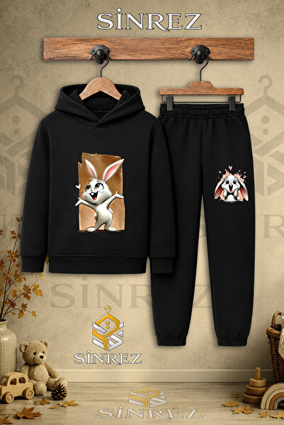 SİNREZ Children's Unisex Single Tavsan Canvas White Pink Printed Hooded Track...