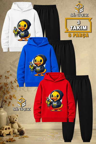 SİNREZ Children's Unisex 3Lu Ordek Duck Sari Buyuk Printed Hooded Tracksuit Set