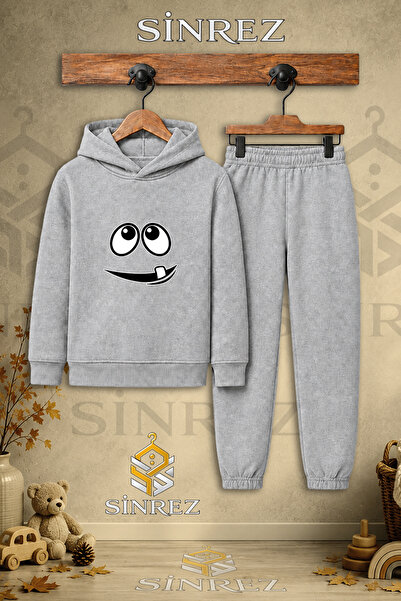 SİNREZ Children's Unisex Single Dis Goz Face Printed Hooded Tracksuit Set