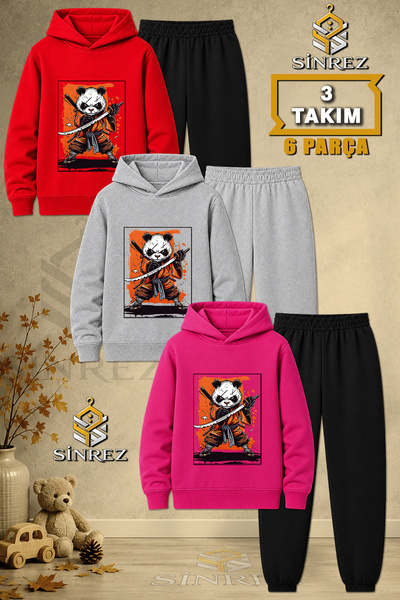 SİNREZ Children's Unisex 3Lu Panda Ninja Printed Hooded Tracksuit Set