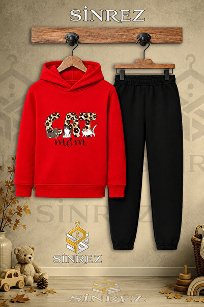 SİNREZ Children's Unisex Single Cat Leopard Pattern Printed Hooded Tracksuit Set