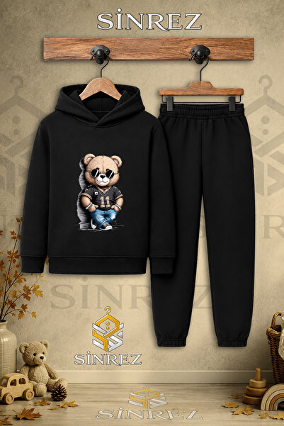 SİNREZ Children's Unisex Single Bear Style Printed Hooded Tracksuit Set