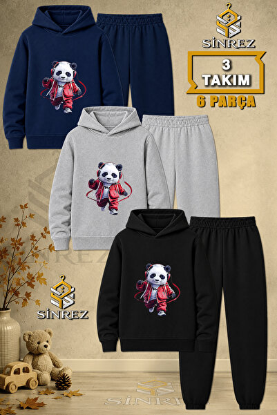 SİNREZ Children's Unisex 3Lu Panda Red Printed Hooded Tracksuit Set with Head...