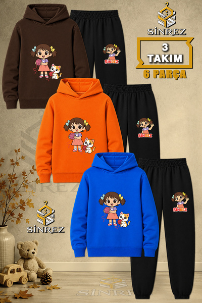SİNREZ Children's Unisex 3Lu Girl Cat Rope Yumagi Printed Hooded Tracksuit Set