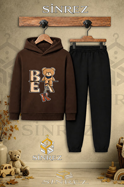 SİNREZ Children's Unisex Single Bear Printed Hooded Tracksuit Set