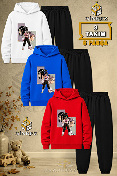 SİNREZ Children's Unisex 3Lu Anime Girl Square Printed Hooded Tracksuit Set