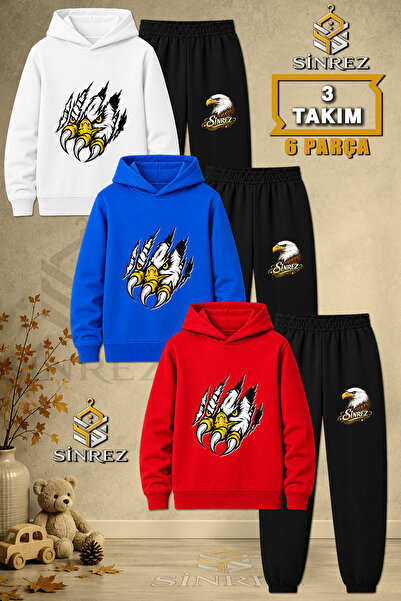 SİNREZ Children's Unisex 3Lu Eagle Printed Hooded Tracksuit Set