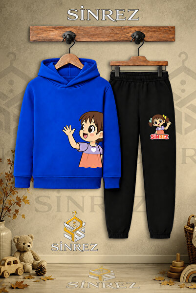 SİNREZ Children's Unisex Single Girl's Left Side Printed Hooded Tracksuit Set