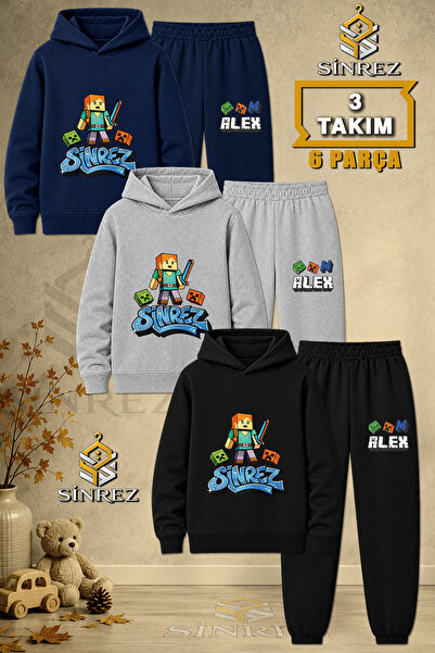 SİNREZ Children's Unisex 3Lu Girls' Aleksa Printed Hooded Tracksuit Set