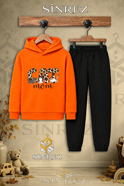 SİNREZ Children's Unisex Single Cat Leopard Pattern Printed Hooded Tracksuit Set