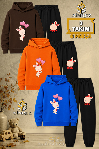 SİNREZ Children's Unisex 3Lu Rabbit Heart Balloon Printed Hooded Tracksuit Set