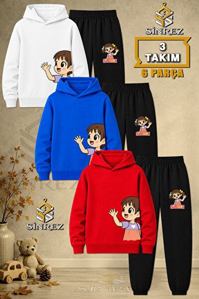 SİNREZ Children's Unisex 3Lu Girls' Left Side Printed Hooded Tracksuit Set