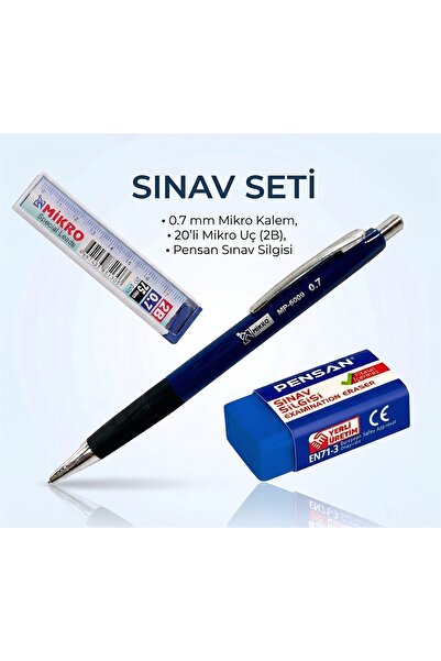 Mikro Okul ve Sınav Seti 3'lü Paket (0.7 mm Versatil Kalem, Uç, Silgi)