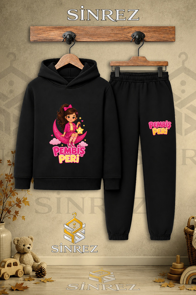 SİNREZ Children's Unisex Single-Piece Pink Fairy Printed Hooded Tracksuit Set...