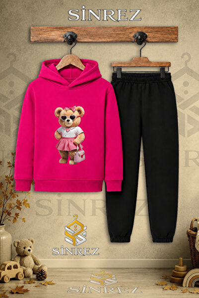SİNREZ Children's Unisex Single Teddy Bear Pink Printed Hooded Tracksuit Set