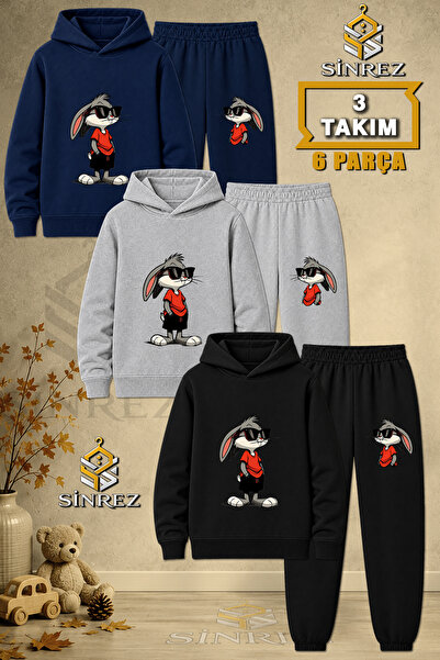 SİNREZ Children's Unisex 3Lu Rabbit Printed Hooded Tracksuit Set with Glasses